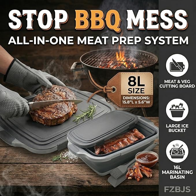 Collapsible BBQ Prep Tub with Lid & Cutting Board 8L - Meat Marinating Basin & Grill Carry System - 5pc Set with Heat Resistant Gloves, Basting Brush & Spatula(Black, Large, 8L)