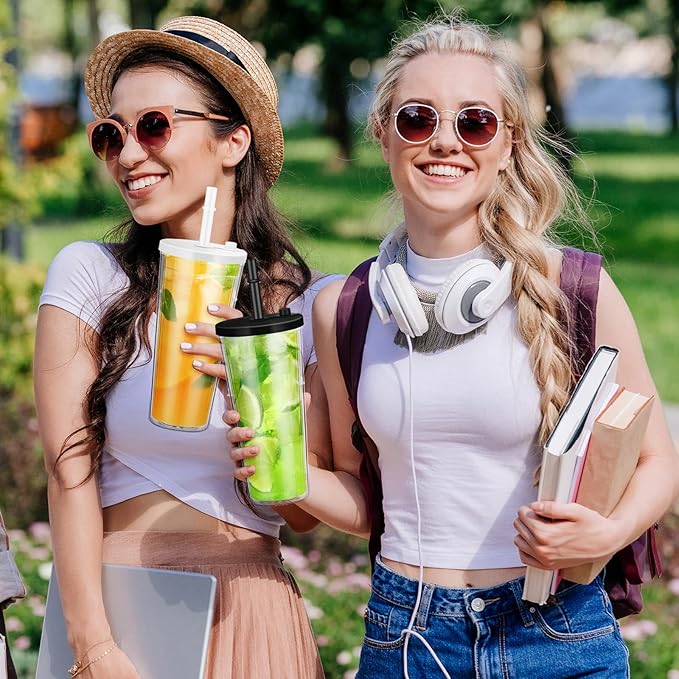 Honeydak 2 Pack 24 oz Reusable Iced Coffee Cups with Lids and Straws Leakproof Double Wall Insulated Clear Plastic Iced Coffee Tumblers with Straw Brushes