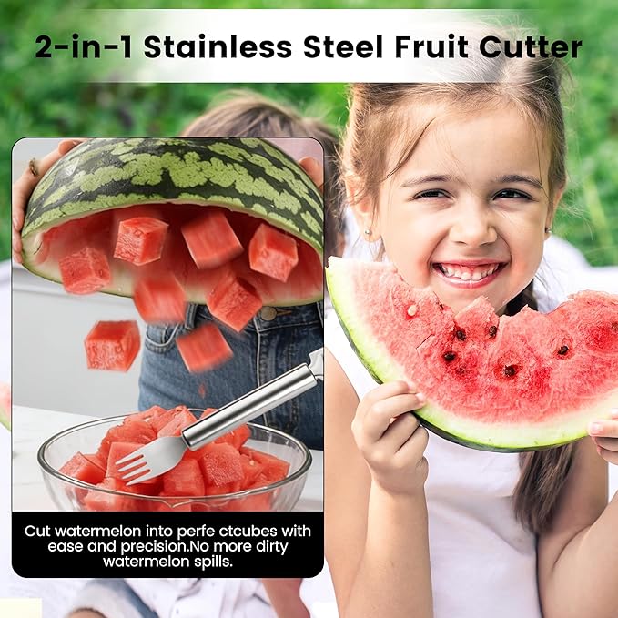 2-in-1 Stainless Steel Fruit Cutter, 2026 New Watermelon Fork Slicer Tool, Dual Head Watermelon Cutter Knife for Home Kitchen Gadget (1pcs)