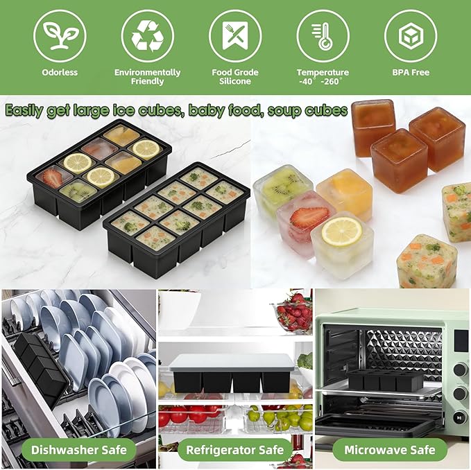 Large Ice Cube Molds, 2 Pack Easy Release Ice Trays for Freezer with Lid, Stackable Square Big Silicone Ice Cube Tray BPA Free Slow Melting for Bourbon Whiskey, Cocktails, Iced Coffee (Black)