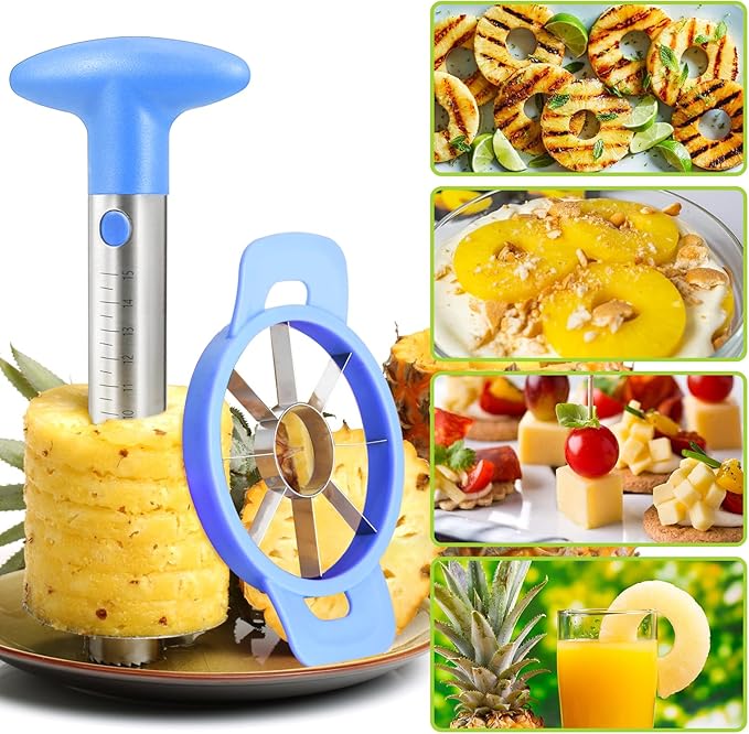 OOKUU Pineapple Corer Cutter, Stainless Steel Fruit Pineapple Peeler Slicer [Upgraded, Reinforced, Thicker Blade], Pineapple Core Remover with Measure Mark, for Diced Pineapple Ring (Blue)