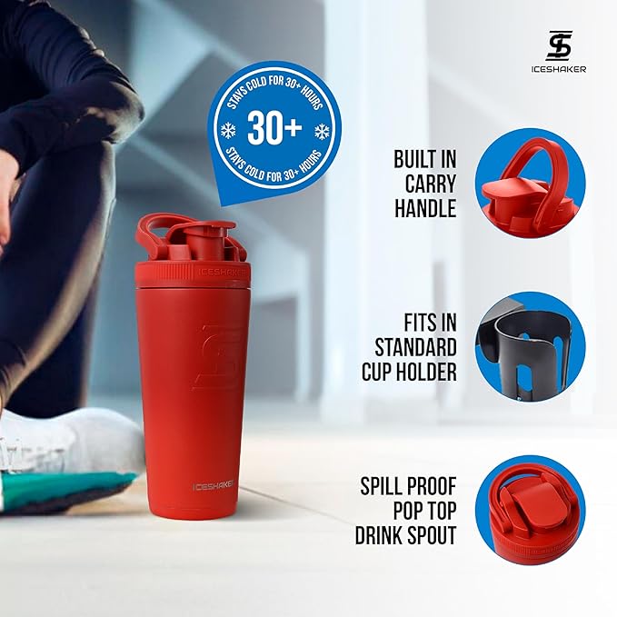 Ice Shaker Insulated Stainless Steel Shaker Bottle | 26oz, Red Color Rush | Cold for 30+ Hours | Insulated Cup with Twist-on Agitator | Odor-Free Bottle for Protein Shakes, Water, Smoothies, Cocktails