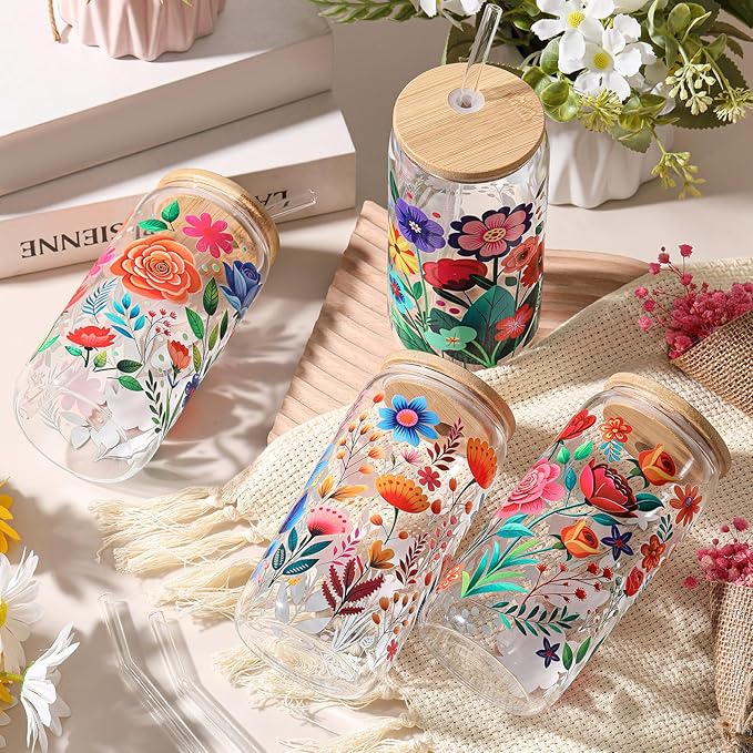 Mumufy 4 Pack Gift for Women Cute Glass Cup Tumbler Flower Iced Coffee Mugs 16 oz Glass with Bamboo Lid & Straw, Mothers Day Birthday Gift for Mom Sister Bridesmaid Baby Shower(Abstract Flower)