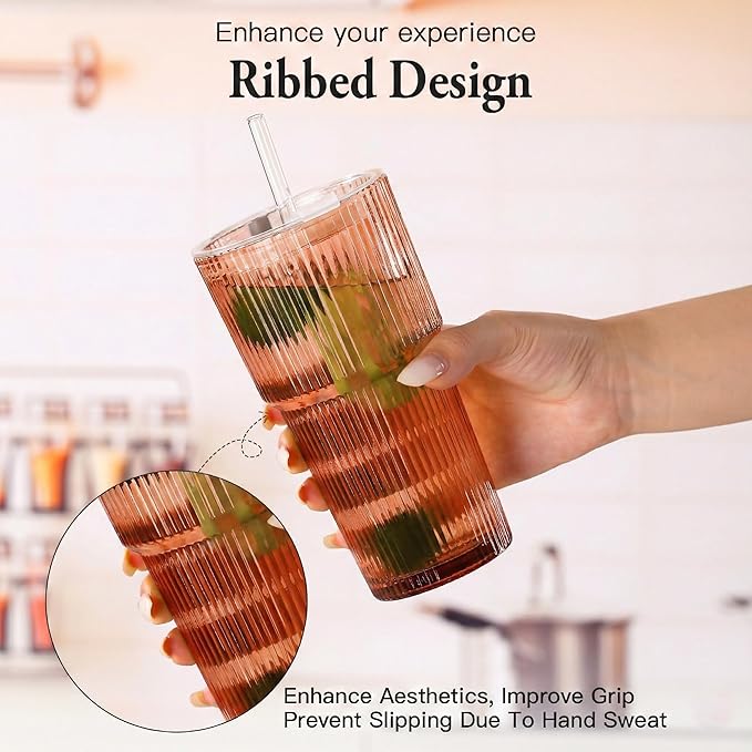 6PCS Venus Ribbed Glass Cups with Lids and Straws, 20oz Vintage Drinking Glasses, Aesthetic Iced Coffee Cups, Glass Tumbler for Boba, Beer, Tea, Cocktails, Brown Ribbed Glassware Set (Venus-6)