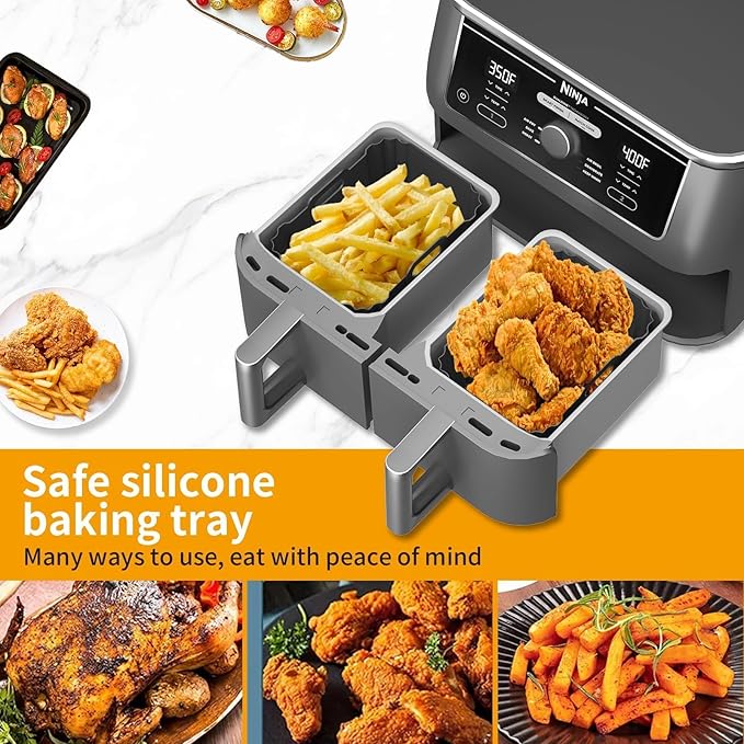 2PCS Silicone Air Fryer Liners, Reusable Silicone Liners for Ninja DZ401, DZ550, DZ302, Ninja Foodi Dual Air Fryer Accessories Baking Tray for 10 QT Airfryer Baskets