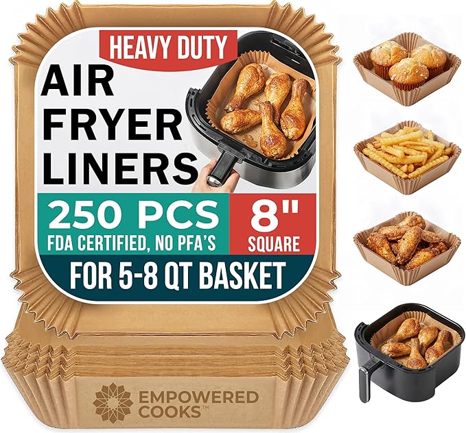 Cathy Yoder's AirFryer Paper Liners, 250 PCS 8 inch Square Air Fryer Liners Disposable, Premium, Food-Grade Easy Cleanup Air Fryer Parchment Paper Sheets, Airfryer Liner for 5-8QT, Baking & Roasting