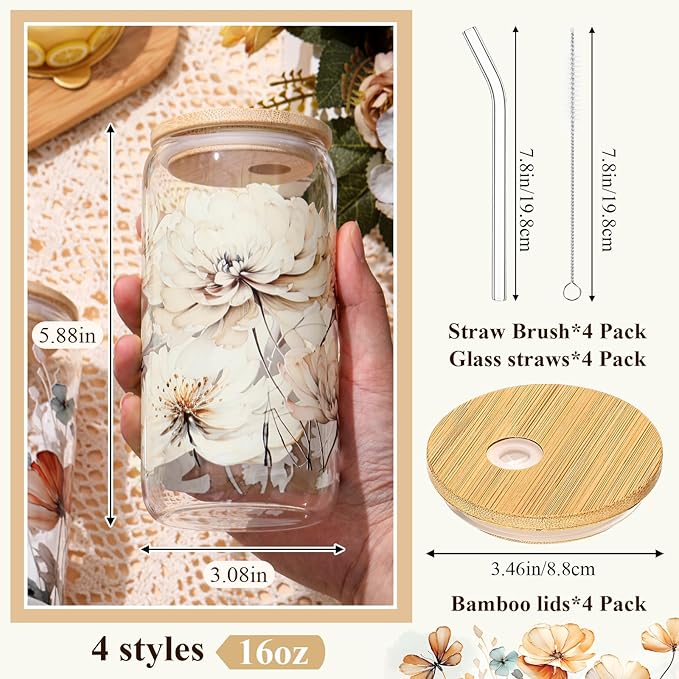 Mumufy 4 Pack Gift for Women Chinoiserie Flower Glass Cup Tumbler Flower Iced Coffee Mugs 16 oz Glass with Bamboo Lid & Straw, Mothers Day Birthday Gift for Mom Sister Bridesmaid Baby Shower