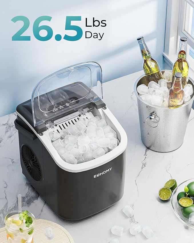 EUHOMY Countertop Ice Maker Machine with Handle, 26.5lbs Per Day, 9 Ice Cubes Ready in 6 Mins, Auto-Cleaning Portable Ice Maker with Basket and Scoop, for Home/Kitchen/Camping/RV (Black)