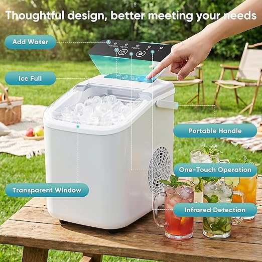 DUMOS Ice Maker, Nugget Ice Machine Countertop with Basket, Scoop and Portable Handle, 26lbs Daily, 9 Bullet Cubes in 6~8 Mins, Self-Cleaning for Kitchen, Office, Outdoos, RV Camping