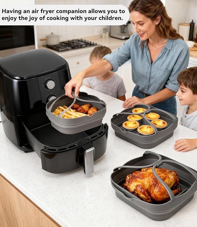 Silicone Air Fryer Liners with Handles: 8.3 Inch Square Reusable Airfryer Basket Liner for 3.5-5 Qt - Baking Tray Insert Cooking Air Fryer Accessories for Cosori Philips Ninja Instant Vortex And More