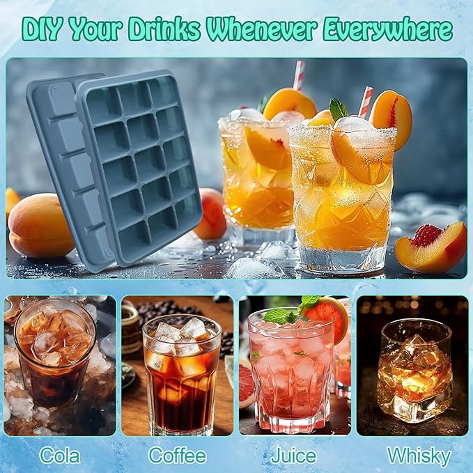 2 Pcs Easy Release Ice Cube Trays, Blue Flexible Silicone Ice Cube Molds Removable Lid Stackable for Whiskey, Beverages, Baby Food (15 cubes 0.7oz)
