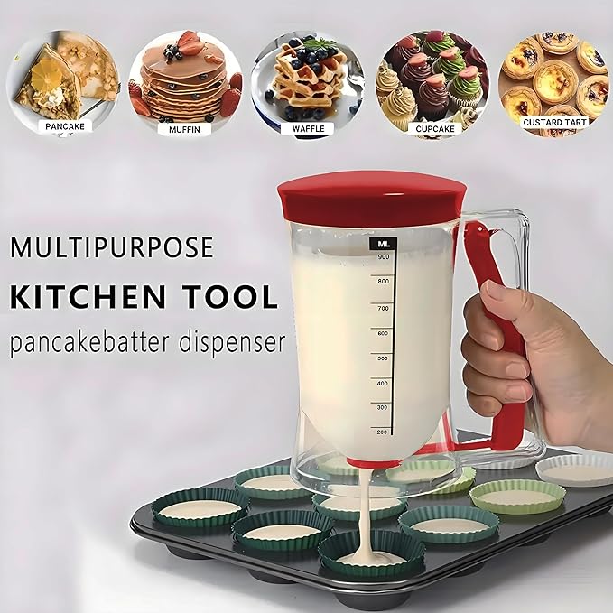 Pancake Batter Dispenser with Measuring Label, 4 Cup Capacity, 900ml With Squeeze Handle Kitchen Dispenser Bottle for Pancakes, Waffles, Muffins (Red)