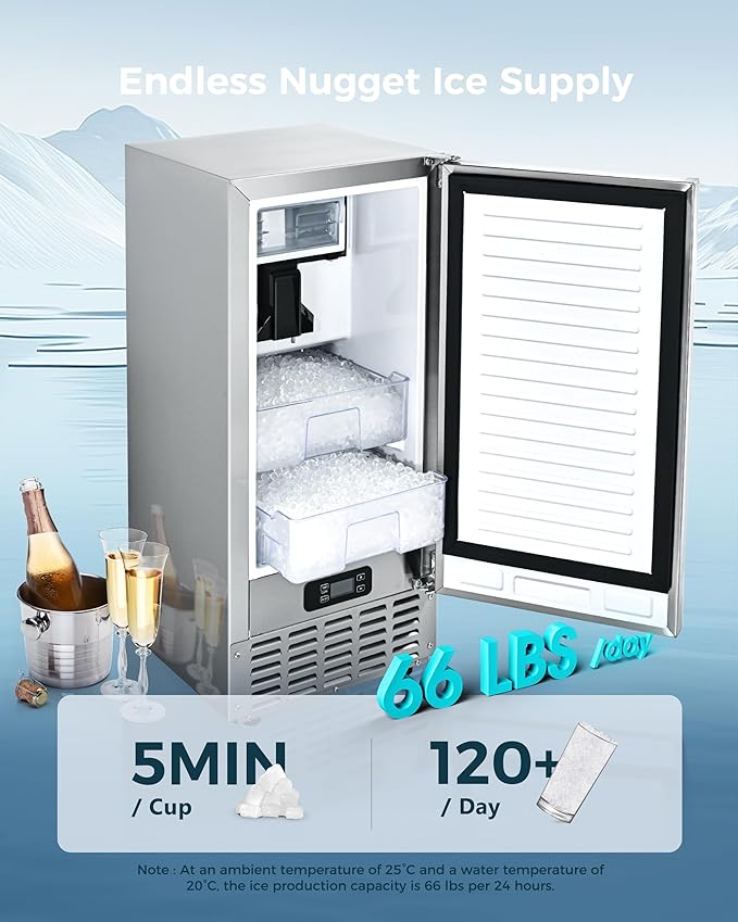 EUHOMY Under Counter Nugget Ice Maker Machine, 66Lbs/Day, Bulit-in Freestanding Ice Maker with Gravity Drainage, Self-Cleaning & 24H Timer Ice Machine, for Home Use(Silver)
