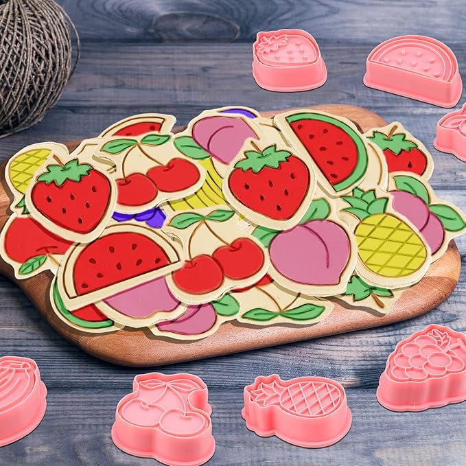 Rozer 8 Pcs Fruit Cookie Cutters with Plunger Stamps Set Christmas Fondant Cutter 3D Strawberry Apple Cherry Grape Banana Pineapple Watermelon Peach Biscuit Cookie Mold for DIY Funny Cake Baking