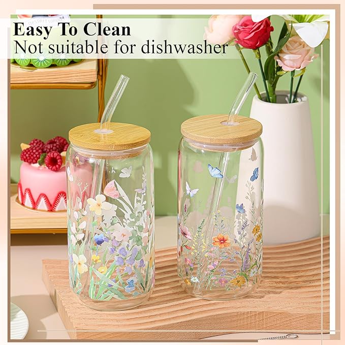 Mumufy 2 Pack Bridesmaid Gift Glass Cups, Cute Flower Mason Jars with Bamboo Lids & Straws, 16oz Iced Coffee Tumblers for Wedding, Bridal Party, Birthday, Mother's Day(Wild Flower1)