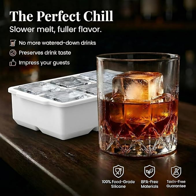 KitchFort Large Silicone Ice Cube Tray (3-Pack), Easy Release 2" Big Ice Cubes - Cocktail, Whiskey Ice Cubes Mold - Ice Trays for Freezer with Lid - Stackable Silicone Ice Tray - White
