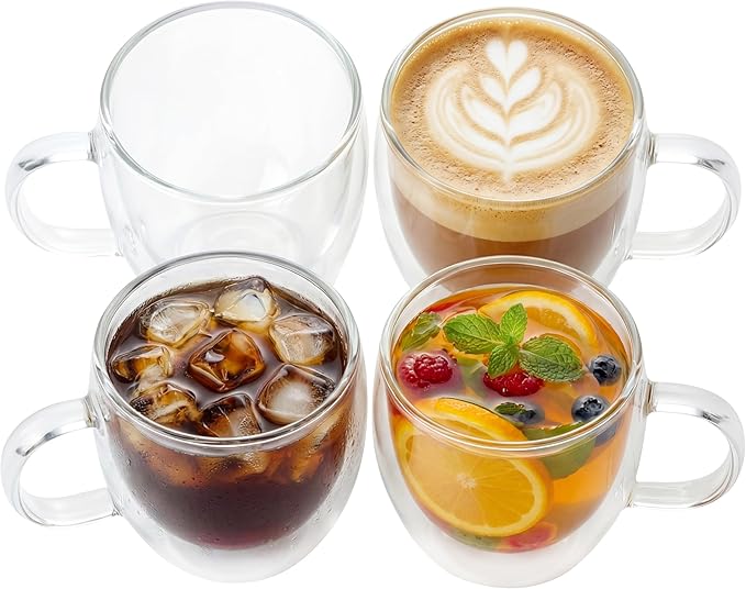 MESNEY Double Wall Insulated Espresso Cups & Mugs, Set of 4, 6.7 oz, Clear Glass for Coffee, Latte, Macchiato, Cappuccino & Tea, Dishwasher Safe