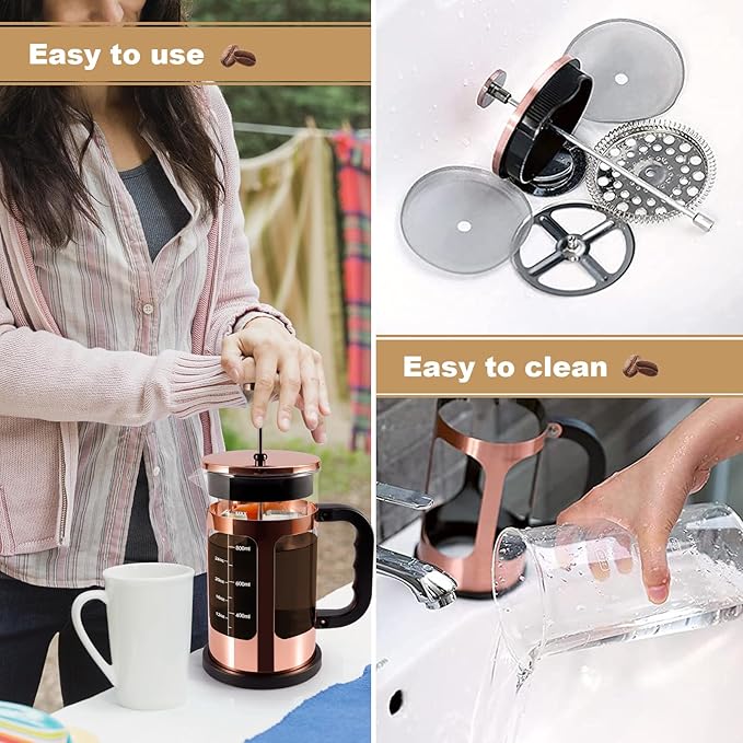 French Press Coffee Tea Maker, Upgrade Heat Cold Resistant Thickened Glass with 4 Level Stainless Steel Filtration System Brew Coffee & Tea, BPA Free, Large 1000ml 34oz, Rose Gold