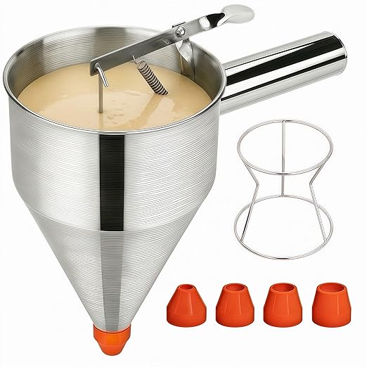 40oz Stainless Steel Pancake Batter Dispenser with Squeeze Handle & Stand, Multi-Nozzle Funnel Cake Dispenser for Pancakes, Cupcakes, Muffins, Waffles & Baking - Precise Control