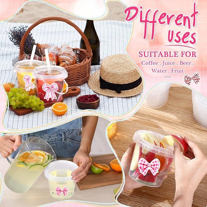 Funnymoom 30 Set Pink Bow Clear Plastic Cups with Lids & Straws 24oz Disposable Rum Drink Buckets Bulk for Cocktail Parties with Handles & Stickers for Holiday Birthday Beach Pool Party Supplies
