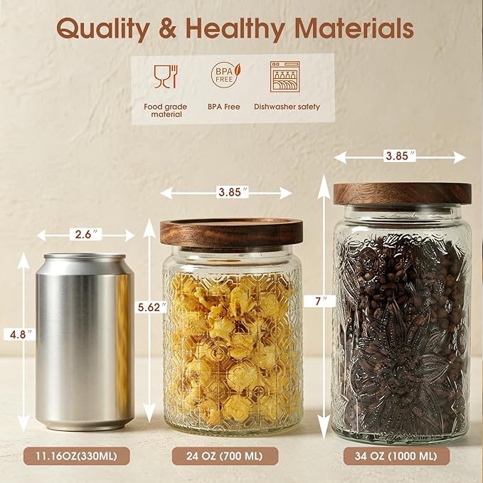 24 OZ Airtight Glass Storage Jar with Bamboo Lid - Vintage Glass Jar Vintage Food Containers Canisters Set for Kitchen Counter & Pantry - Ideal for Sugar, Flour, Coffee, Tea, Candy, Oats, Cereal