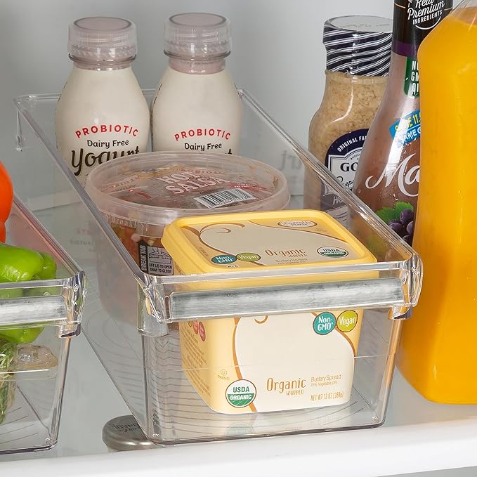 Kitchen Details 2 Pack Slim Refrigerator Storage Bin | Fridge & Freezer | Kitchen Organization | Stainless Steel Handle | Countertop | Cabinets | Pantry | Clear