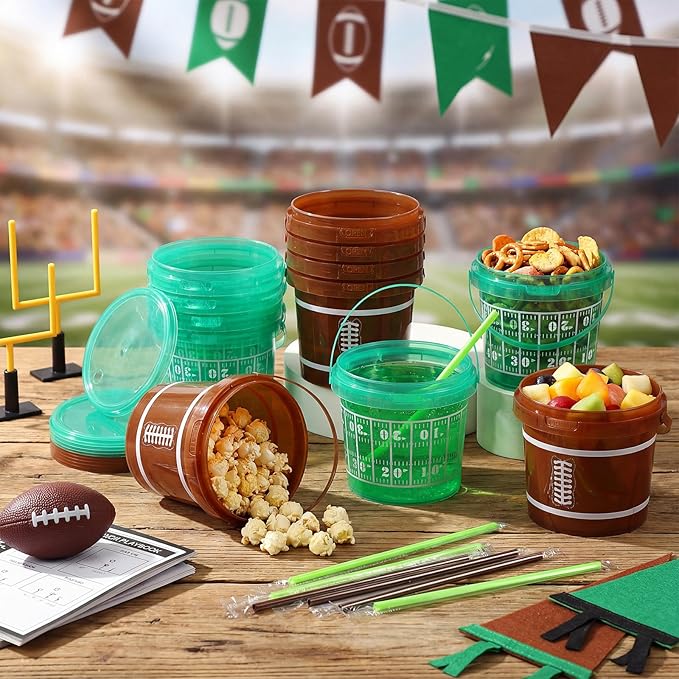 12 Set 25 oz Football Field Plastic Drink Buckets with Straws Handles Lids Reusable Cocktail Rum Buckets 750ml Smoothie Milk Tea Cups Food Containers Pails Sport Party Supplies