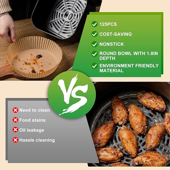 Air Fryer Disposable Paper Liners: 125 PCS 8" Round Parchment Paper, Food Grade Baking Liner for 5-8 QT Airfryer Basket, Waterproof and Oilproof for Easy Cleanup