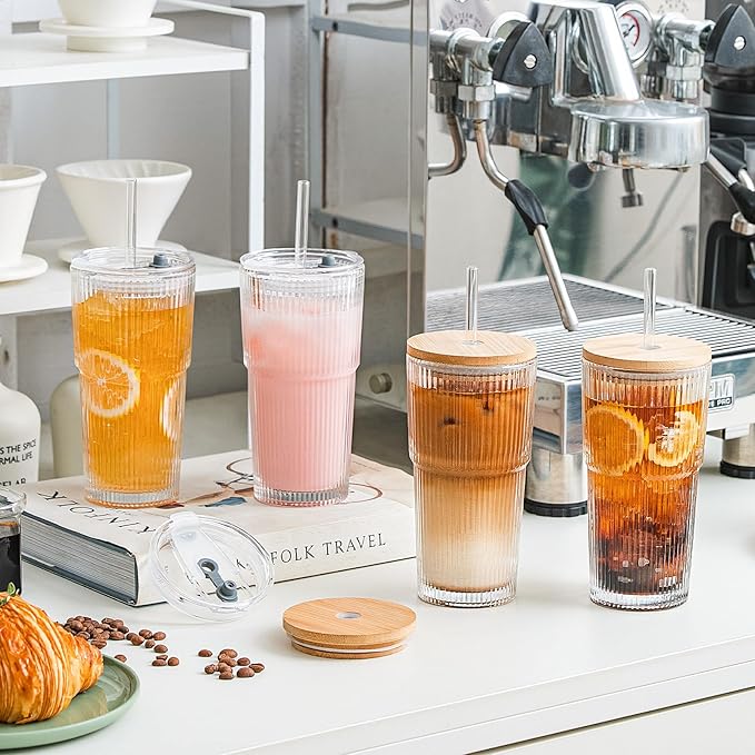 SoulTimes 20oz Glass Cups with Lids and Straws, Ribbed Glass Tumbler for Iced Coffee, Smoothie, Juice & Cold Drinks, Reusable Thick Glassware Set, Elegant Home & Travel Drinkware【4 Pack】