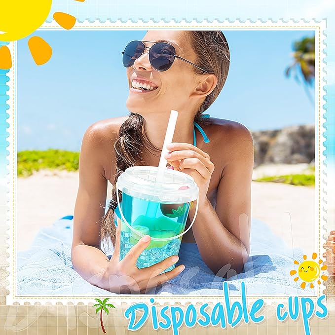 Funnymoom 30 Set 34oz Clear Plastic Drink Buckets with Lids and Straws Disposable Iced Coffee Cups Rum Buckets for Cocktail Parties Smoothie Cup Bulk with Handles for Beach Pool Party Supplies