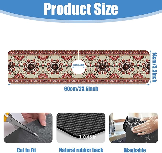Sink Faucet Absorbing Mat Red Retro Boho Sink Splash Guard Drying Mat for Kitchen Bathroom Faucet Sinkmat 23.5"X5.5"