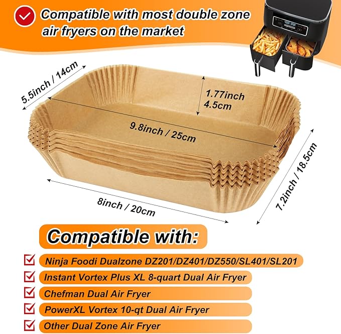 BYKITCHEN Air Fryer Disposable Paper Liners for Ninja Dual Airfryer, 100PCS Rectangle Air Fryer Parchment Paper Sheets for Ninja DZ201/DZ401/DZ550/SL401 & More, Ninja Airfryer Double Stack Accessories
