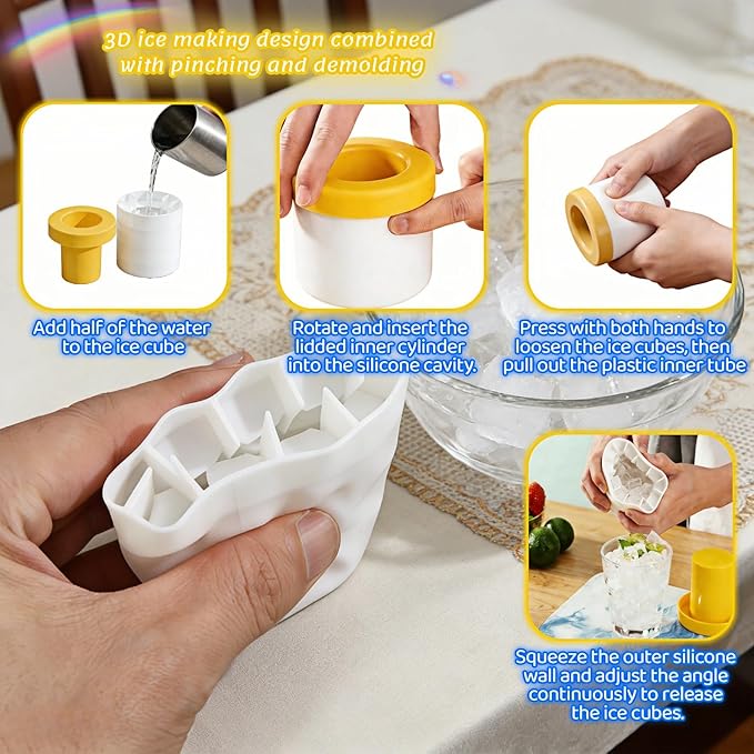 3D Upgraded Silicone Ice Cube Tray with Easy Release-30 Cubes, Leak-Proof&Space-Saving for Freezer,RV,Office-BPA-Free Fast Ice Maker for Drinks,Cocktails, Party (Includes Travel Ice Bucket) (Yellow)