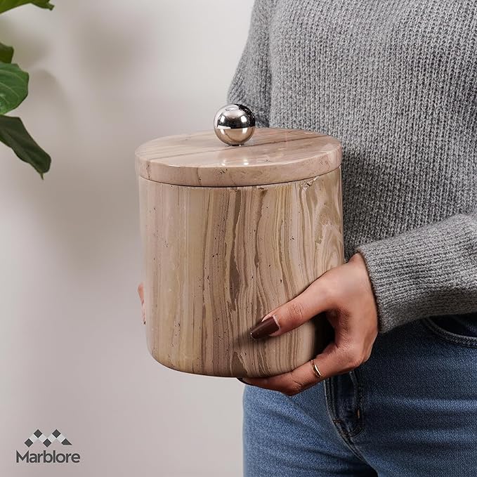 Ice Bucket Marble with Lid 6 Inch Natural Brown Stone Wine & Champagne Chiller Small Ice Container for Parties Drink Cooler for Home Bar And Earth Day Decoration