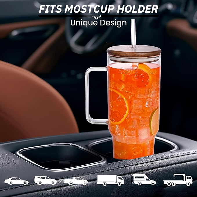 49oz Glass Tumbler with Acacia Wood Lid & Dual Straws, Large Cup with Handle and Straws Glasses Water Bottle Mason Jar Wide Mouth Iced Coffee Cups Travel Mug for Water,Juice,Smoothie,Bubble Tea,Soda