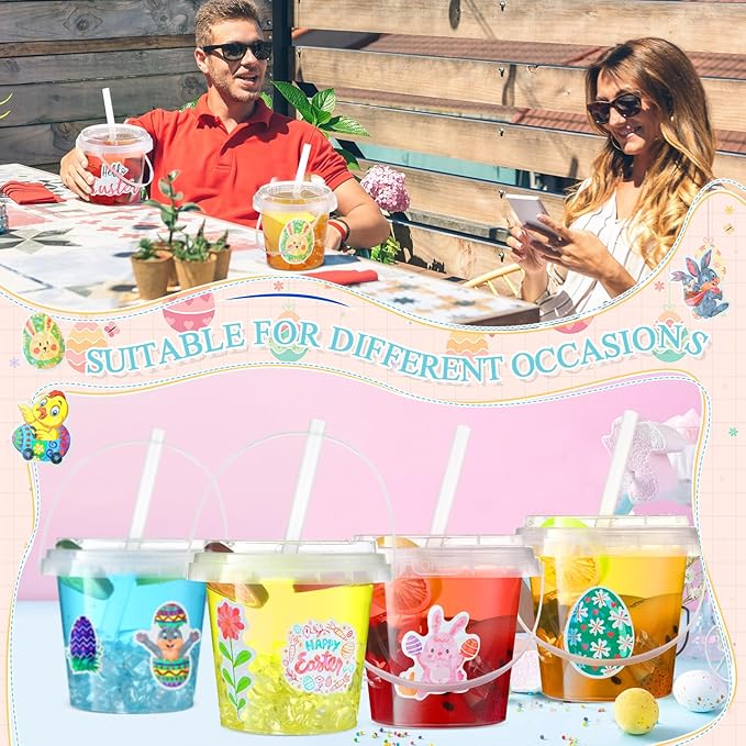 Funnymoom 30 Set Easter Clear Plastic Cups with Lids & Straws, 24oz Disposable Rum Buckets Cocktail Pails Bulk with Handles & Stickers Creative Egg Hunt Baskets Party Favors for Adults