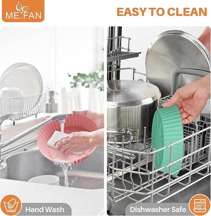 ME.FAN Air Fryer Silicone Liners for 4 to 7 QT [2 Pack] Reusable Air Fryer Basket with Handles & Holes Light Grey + Teal Blue