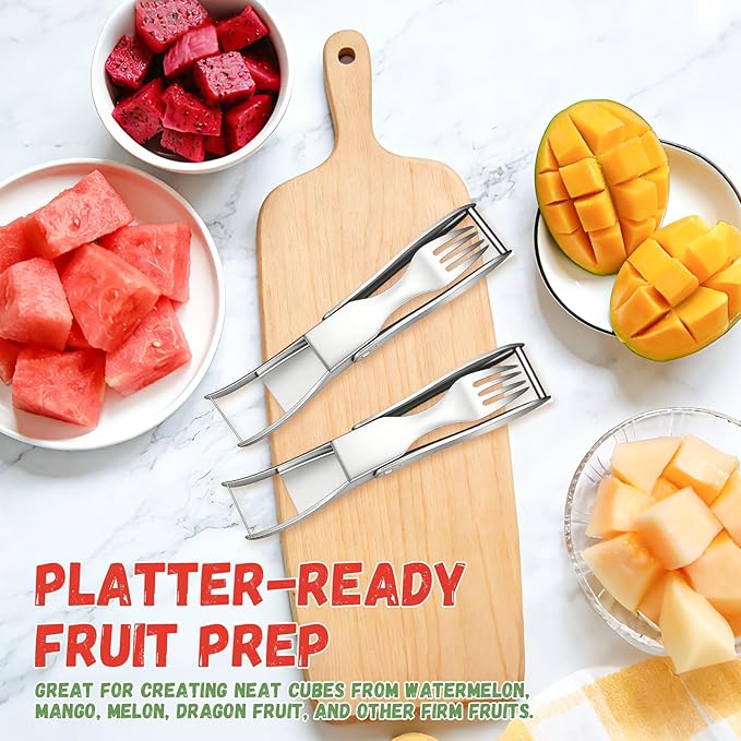 2026 Upgrade Watermelon Cutter Slicer Tool, 2-in-1 Fruit Slicer Fork With Foldable Stainless Steel Fork Tip, Press-to-Cut Watermelon Cubes for Kitchen, Picnic and Camping (2PCS)