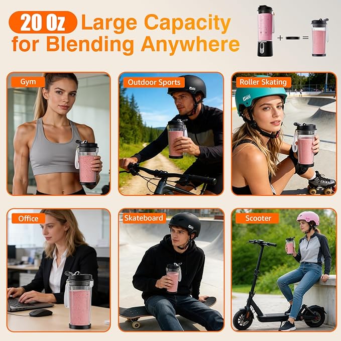 Portable Personal Size Blender for Smoothies - Cordless Mini Blender With Powerful Blending, 20oz BPA-Free Juice Cup With Leak-proof Travel Lid, Type-C Rechargeable, Freshly Squeezed in Gym/Picnic