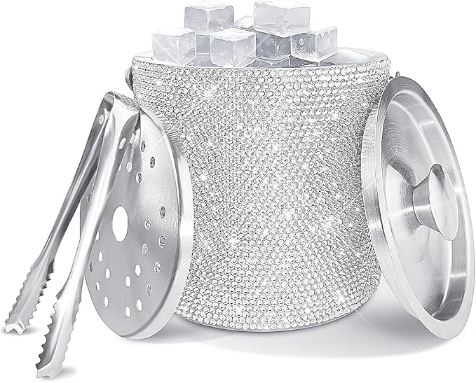 Bling Double Walled Stainless Steel Ice Bucket with Ice Tong & Lid [2 Liter] ，Shiny Insulated Ice Bucket Included Strainer Keeps Ice Cold & Dry, for Home Bar, Chilling Beer, Champagne, Red Wine