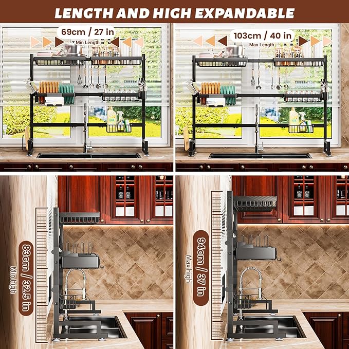 ilvvan Over The Sink Dish Drying Rack 27-40L x 12W x 32.5-37H (inches) (Expandable Height and Length) Snap-On Design 2 Tier Large Dish Rack