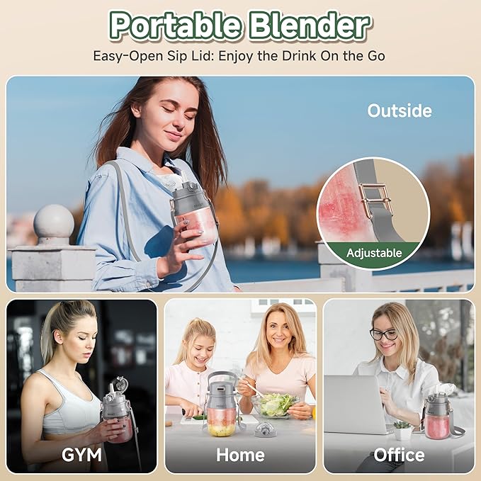 Portable Blender, Prasky Personal Blenders for Shakes and Smoothies with 33oz Cup, Lid and Shoulder Strap, Type-C USB Rechargeable, Personal Size Blenders BPA-free for Travel/Kitchen