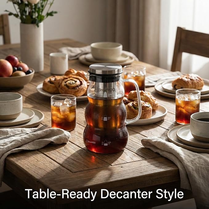 Cold Brew Coffee Pitcher (1.0L/34oz) - Elegant Sleek Wave Borosilicate Glass Pitcher with 100um 304 Stainless Steel Filter & Airtight Lid, Efforless Mannual for Beginner, Sophisticated Gift
