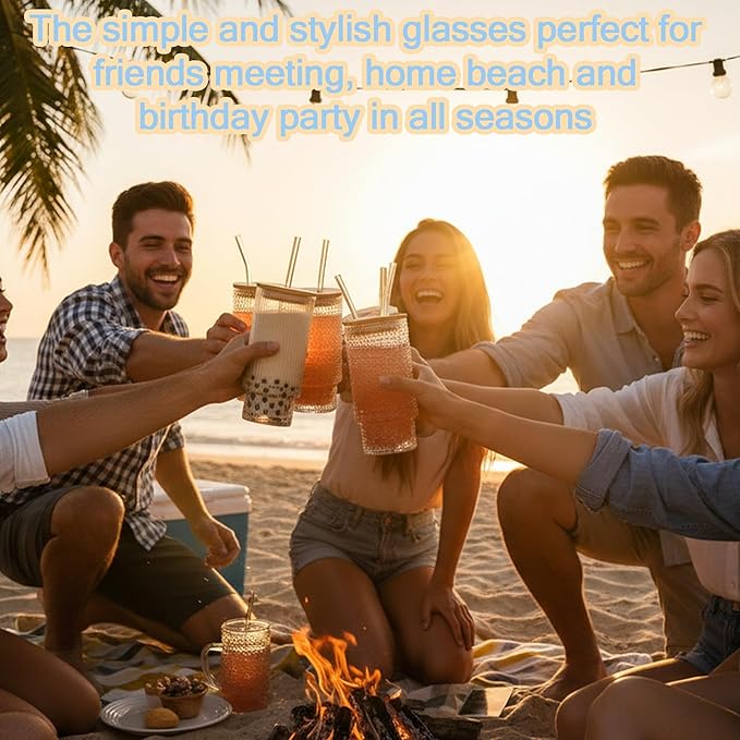 4 Pcs 16oz Drinking Glasses Cups Set with Bamboo Lids Straws Brush Begonia Vintage Glassware Set for Juice Iced Coffee Beer Cocktail Whiskey