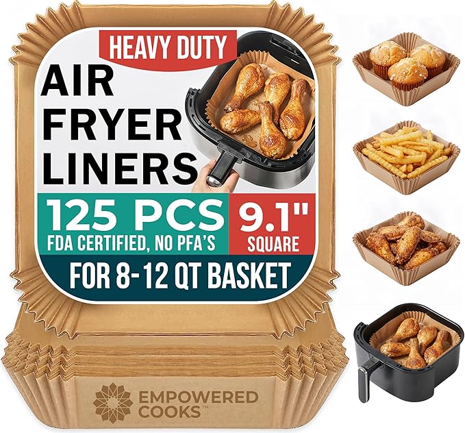 Cathy Yoder's Square Air Fryer Liners, 125 PCS 9 inch Large Air Fryer Liners, 8-12 QT Easy Cleanup Square AirFryer Liners Disposable, AirFryer Liner Parchment Paper for Cooking & Baking