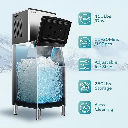 EUHOMY Commercial Ice Maker Machine, 450 lbs/24H Industrial Ice Machine with 250 lbs Storage Bin, ETL Approved Stainless Steel Clear Ice Maker for Bar, Cafe & Restaurant