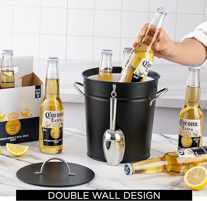 Rae Dunn Ice Bucket with Scoop - Stainless Steel Bucket with Handle, Lid and Ice Scooper - 4 Qt. Storage Bin for Ice Cubes for Bars, Parties, Backyard Barbeques, Picnics, and Camping (Black)