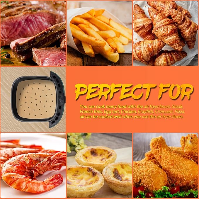 Numola 100 Pcs Air Fryer Liners Disposable Parchment Paper, 10 Inch Perforated Airfryer Sheets for Baking, Square Unbleached Non-Stick Steamer Liner for Oven, Microwave, Steaming Basket