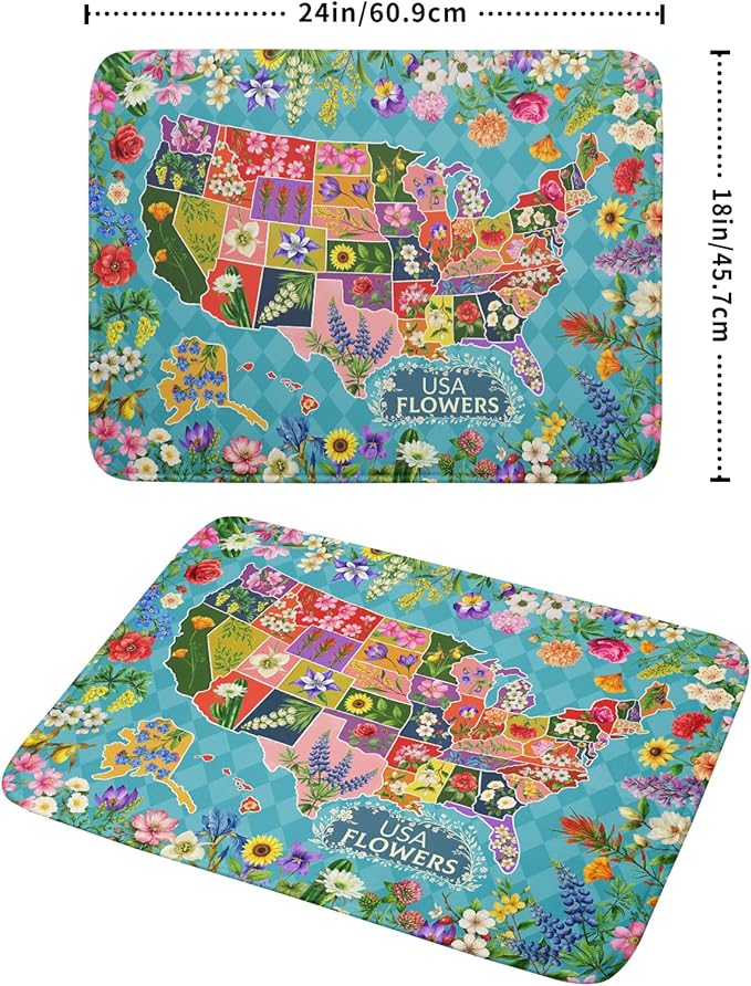 Flower Map Dish Drying Mat Colorful Floral Microfiber Large Dish Drying Pad for Kitchen Counter 18 X 24 In