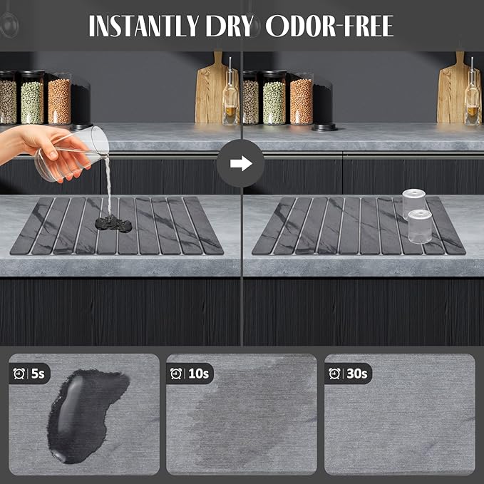 Large Stone Dish Drying Mats for Kitchen Counter, 24"(L)×16"(W) Marble Pattern, Quick Dry Collapsible Dish Drying Mat, Eco-Friendly Absorbent Diatomaceous Earth Mat for Dishes Bottles Cups - Dark Gary